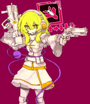  1girl alternate_costume armor arrow_(symbol) cigarette closed_mouth commentary dual_wielding eyeball fingerless_gloves gloves green_eyes green_hair gun handgun headset heart heart-shaped_pupils highres holding holding_gun holding_weapon komeiji_koishi korean_commentary long_hair long_sleeves looking_at_viewer pink_background rampa93 shirt simple_background skirt skull_print smile solo symbol-shaped_pupils thighhighs third_eye touhou weapon white_armor white_shirt white_skirt white_thighhighs wide_sleeves 