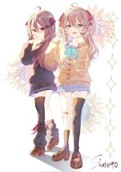  2girls ahoge asymmetrical_legwear bandaid bandaid_on_leg black_cardigan black_leg_warmers black_skirt black_socks black_thighhighs blue_eyes blue_sailor_collar blue_skirt broken_heart broken_heart_hair_ornament brown_hair brown_shoes cardigan closed_mouth commentary evil_neuro-sama full_body hair_between_eyes hair_ornament hair_ribbon heart heart_hair_ornament highres leg_warmers loafers long_hair long_sleeves looking_at_viewer miniskirt multiple_girls neuro-sama open_mouth pleated_skirt red_eyes red_ribbon ribbon sailor_collar shaieq0 shirt shoes siblings signature single_sock single_thighhigh sisters skirt socks symbol-only_commentary thighhighs torn_hair_ribbon twins two_side_up uneven_legwear vedal_ai virtual_youtuber white_shirt yellow_cardigan 
