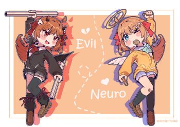  >_o 2girls ahoge aqua_bow aqua_bowtie arm_up asymmetrical_legwear bandaid bandaid_on_knee bandaid_on_leg black_cardigan black_leg_warmers black_skirt black_socks black_thighhighs blue_eyes blue_sailor_collar blue_sky bow bowtie brown_hair brown_shoes cardigan collared_shirt commentary commission cookie deformed detached_ahoge dress_shirt eenightlamp english_commentary evil_neuro-sama feathered_wings food food_in_mouth from_side full_body hair_between_eyes hair_ornament hair_ribbon halo heart heart_hair_ornament highres holding holding_cookie holding_food holding_lead_pipe horns lead_pipe leg_warmers loafers long_hair long_sleeves miniskirt multiple_girls neuro-sama one_eye_closed open_mouth pleated_skirt red_bow red_bowtie red_eyes red_horns red_ribbon ribbon sailor_collar shirt shoes siblings sisters skirt skull_hair_ornament sky socks thighhighs torn_hair_ribbon traditional_halo twins two_side_up uneven_legwear vedal_ai white_shirt white_wings wings yellow_cardigan yellow_halo 