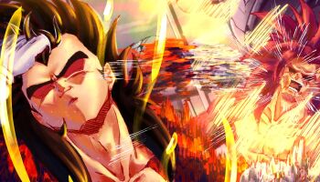 2boys adjusting_hair black_hair body_fur closed_eyes dragon_ball dragon_ball_daima dragon_ball_gt dragon_ball_z_dokkan_battle fighting greatscarflover hand_in_own_hair hand_on_own_head highres hitting jab long_hair male_focus meme monkey_boy monkey_tail motion_blur multiple_boys muscular muscular_male naoya_hitting_choso_without_looking_(meme) no_nipples open_mouth parody pectorals punching rapid_punches red_fur red_hair saiyan scene_reference smear_frame smile son_goku spiked_hair super_saiyan super_saiyan_4 tail vegeta 