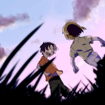  2boys black_hair blurry blurry_foreground brown_hair child cloud depth_of_field dutch_angle grass makabe_kazuki male_focus michi_naka minashiro_soushi multiple_boys orange_shirt pants shirt short_sleeves sky smile soukyuu_no_fafner 