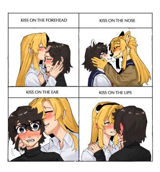  2girls animal_ears black-framed_eyewear black_hairband blonde_hair blue_eyes blush brown_cardigan brown_hair cardigan collared_shirt commentary dog_ears dog_girl english_text fang furry furry_female furry_with_furry gmeg011 grin hairband kiss kissing_forehead koishikawa_iko long_hair looking_at_another momijiyama_teru multiple_girls portrait semi-rimless_eyewear shirt short_hair shy_(series) smile symbol-only_commentary teeth white_shirt whooie yuri 