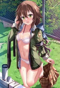  absurdres barefoot blush bra breasts brown_hair brown_skirt bush chain-link_fence coffee collarbone commentary_request day eiyuu_densetsu fence grass green_eyes grey_jacket hair_between_eyes helvetica_std highres jacket looking_at_viewer medium_hair open_clothes open_mouth outdoors panties pleated_skirt school_uniform sen_no_kiseki_(series) sen_no_kiseki_i skirt small_breasts solo standing standing_on_one_leg thermos thighs toes towa_herschel underwear undressing white_bra white_panties 