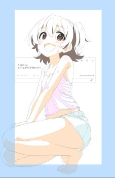  1girl akagi_miria bare_shoulders barefoot blush breasts brown_eyes brown_hair camisole commentary_request highres idolmaster idolmaster_cinderella_girls looking_at_viewer navel one_side_up open_mouth papiyon1297 short_hair short_shorts shorts small_breasts smile solo squatting sweat 