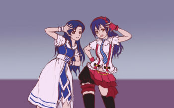  2girls animelo_summer_live black_thighhighs blue_dress blue_hair blue_necktie bokura_wa_ima_no_naka_de brown_eyes diagonal-striped_clothes diagonal-striped_necktie dress fingerless_gloves frilled_sleeves frilled_wrist_cuffs frills gloves grin hairband half-skirt hand_up idol idolmaster idolmaster_(classic) imai_asami kisaragi_chihaya long_dress long_hair looking_at_viewer love_live! love_live!_school_idol_project mimori_suzuko multiple_girls necktie open_mouth red_gloves red_hairband red_skirt scene_reference short_sleeves skirt smile sonoda_umi stage striped_clothes suspender_skirt suspenders teeth thigh_strap thighhighs two-tone_dress upper_teeth_only voice_actor voice_actor_connection white_dress wrist_cuffs xi_wan_de_xigua_p yellow_eyes 