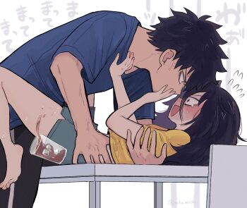  1boy 1girl bags_under_eyes black_hair blush brother_and_sister commentary_request embarrassed grabbing_another's_ass groping hair_over_one_eye hand_on_another's_mouth hetero highres incest kuroki_tomoki kuroki_tomoko long_hair nuka_(nukamochi) shorts siblings spill spille spilling tea tears watashi_ga_motenai_no_wa_dou_kangaetemo_omaera_ga_warui! 