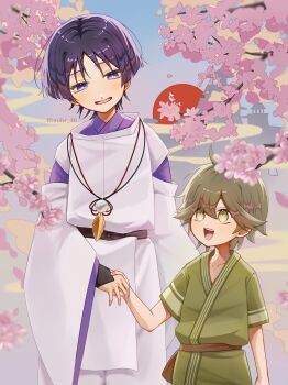  2boys absurdres ahoge amhr_46 arm_at_side black_bow black_sash blue_sky blunt_ends blush bow bright_pupils brown_hair brown_sash cherry_blossoms choppy_bangs clear_sky clothing_cutout commentary_request falling_petals feathers fingernails genshin_impact green_kimono green_sleeves hand_up height_difference highres holding_hands japanese_clothes kariginu kimono layered_sleeves light_blush looking_at_another multiple_boys open_mouth outdoors pants pelvic_curtain petals pink_petals pom_pom_(clothes) purple_eyes purple_hair purple_kimono purple_sleeves red_sun sash scaramouche's_sickly_friend_(genshin_impact) scaramouche_(genshin_impact) scaramouche_(kabukimono)_(genshin_impact) short_sleeves shoulder_cutout sky skyline string tareme teeth twitter_username upper_teeth_only white_pants white_pupils white_sleeves wide_sleeves yellow_eyes yellow_feathers 
