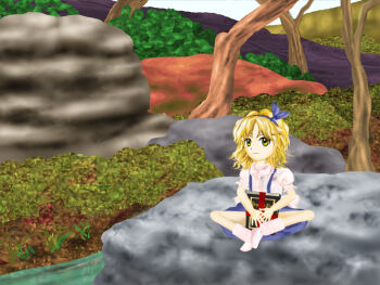  1girl alice_margatroid alice_margatroid_(pc-98) bad_id bad_pixiv_id blonde_hair blue_hairband blue_skirt book commentary_request forest grimoire_of_alice hairband holding holding_book kams looking_at_viewer nature shirt short_hair sitting skirt socks spread_legs suspender_skirt suspenders touhou touhou_(pc-98) tree white_shirt white_socks yellow_eyes 