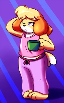  animal_crossing blouse blue_background cup highres isabelle_(animal_crossing) mug nintendo one_eye_closed pants purple_background purple_eyes purple_pants purple_shirt shaking_head shirt source_request standing striped_background tired  rating:Sensitive score:2 user:liquorice