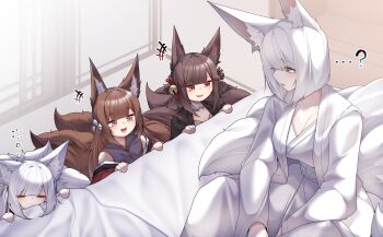  +++ ...? 4girls absurdres akagi-chan_(azur_lane) amagi-chan_(azur_lane) animal_ear_fluff animal_ears azur_lane bell black_kimono blue_eyes breasts brown_hair cleavage closed_eyes commentary_request dated_commentary fox_ears fox_girl fox_tail hair_bell hair_ornament highres indoors japanese_clothes jingle_bell kaga_(azur_lane) kimono kitsune kyuubi large_breasts long_hair multiple_girls multiple_tails open_mouth purple_eyes red_eyes samip shinano-chan_(azur_lane) short_hair squeans tail teeth twintails upper_teeth_only white_hair white_kimono 