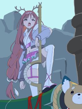  1girl antlers ayatsumugi_roka brown_hair cho_kaguya-hime! commentary_request cropped_kimono disgust grey_eyes grey_jacket hair_ornament hammer highres horns huge_weapon inudoge jacket japanese_clothes kaguya_(cho_kaguya-hime!) kimono long_hair long_sleeves low-tied_long_hair microskirt midriff n0netan navel open_clothes open_jacket open_mouth over-kneehighs pink_skirt pose_imitation shorts skirt solo tassel tassel_hair_ornament thighhighs uneven_footing very_long_hair weapon white_kimono white_shorts white_thighhighs 