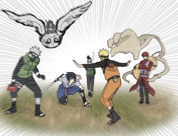  6+boys bird black_boots black_gloves black_hair black_headband black_mask black_pants black_sleeves blonde_hair book boots cigarette coat commentary_request crop_top crossed_arms fighting_stance fingerless_gloves flak_jacket full_body gaara_(naruto) gloves gourd green_vest grey_hair hair_between_eyes hand_in_pocket hatake_kakashi headband headband_over_one_eye highres holding holding_book holding_cigarette holding_sword holding_weapon jacket konohagakure_shinobi_uniform konohagakure_symbol long_coat male_focus mask meme midriff mouth_mask multiple_boys nara_shikamaru naruto_(series) naruto_shippuuden okbdko123 on_one_knee open-toe_boots orange_jacket orange_pants outstretched_arms pants ponytail prattkeeping_(meme) purple_vest red_coat red_hair riding riding_bird rope_belt sai_(naruto) sand short_hair smoking spiked_hair sweatdrop sword uchiha_sasuke uzumaki_naruto vest weapon 