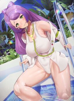  1girl absurdres alternate_breast_size_(larger) areola_slip between_breasts blush bow-shaped_hair breasts cameltoe commentary_request curvy earrings embarrassed flower_earrings green_eyes groin head_tilt highleg highleg_one-piece_swimsuit highres jacket jewelry large_breasts looking_at_viewer miriam_(pokemon) multicolored_hair narrow_waist navel nintendo noperori notice_lines one-piece_swimsuit open_mouth paid_reward_available pokemon pokemon_sv pool_ladder poolside purple_hair soaking_feet solo stethoscope stethoscope_between_breasts streaked_hair swimsuit textless_version toned toned_female white_jacket white_one-piece_swimsuit wide_hips 