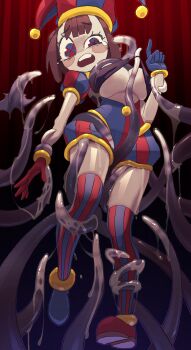  1girl absurdres asymmetrical_gloves blue_eyes blue_footwear blue_hat blue_thighhighs breasts brown_hair colored_skin gloves hat hat_bell highres imminent_rape jester jester_cap jester_girl large_breasts mismatched_gloves multicolored_eyes multicolored_hat open_mouth pomni_(the_amazing_digital_circus) red_eyes red_footwear red_hat red_thighhighs restrained saku_ram solo striped_clothes striped_headwear tearing_up teeth tentacles the_amazing_digital_circus thighhighs torn_clothes two-tone_eyes two-tone_thighhighs upper_teeth_only vertical-striped_bodysuit vertical-striped_clothes vertical-striped_headwear white_skin  rating:Explicit score:47 user:DrFumiya