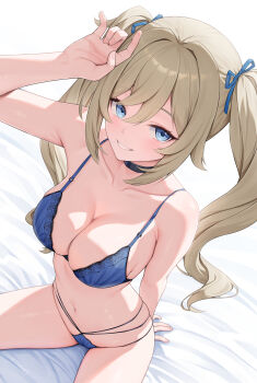 1girl absurdres arm_support arm_up barbara_(genshin_impact) black_choker blonde_hair blue_bra blue_eyes blue_panties blue_ribbon blush bra breasts choker cleavage genshin_impact hair_between_eyes hair_ribbon highres large_breasts long_hair looking_at_viewer navel paid_reward_available panties ribbon rosumerii sitting skindentation smile solo stomach twintails underwear underwear_only rating:Sensitive score:90 user:danbooru