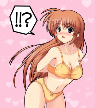  !? 00s 1girl arms_behind_back blue_eyes blush bow bow_panties bra breasts brown_hair cleavage female_focus heart johnny_(from_scratch) lace lace-trimmed_panties lace_trim leaning_forward lingerie long_hair lyrical_nanoha mahou_shoujo_lyrical_nanoha mahou_shoujo_lyrical_nanoha_strikers open_mouth orange_bra orange_panties panties purple_eyes solo surprised sweat takamachi_nanoha underwear underwear_only very_long_hair yellow_panties  rating:Questionable score:15 user:danbooru