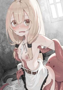  1girl belt bestiality black_shirt blonde_hair blush breasts brown_belt brown_hair clothes_lift commentary_request creature highres indoors konoha_noa long_hair looking_at_viewer low_twintails nipples octopus open_mouth original panties restrained shirt skirt small_breasts solo suction_cups tentacles tentacles_under_clothes twintails underwear unworn_panties unworn_shirt white_panties white_skirt 