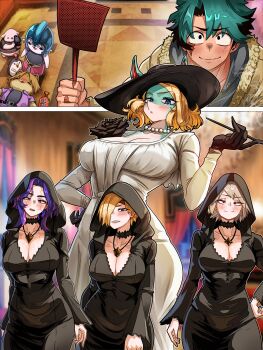  1boy 4girls absurdres alcina_dimitrescu alcina_dimitrescu_(cosplay) animal animal_ears bakugou_mitsuki bela_dimitrescu bela_dimitrescu_(cosplay) bird black_dress black_flower black_rose blonde_hair blue_eyes blush boku_no_hero_academia breasts camera cassandra_dimitrescu cassandra_dimitrescu_(cosplay) chibi chicken coat colored_skin cosplay crossover daniela_dimitrescu daniela_dimitrescu_(cosplay) dog dress ethan_winters ethan_winters_(cosplay) flower flyswatter furry giant giantess gloves green_hair green_skin hand_on_own_hip hat highres hood huge_breasts ippan_josei jewelry lady_nagant large_breasts long_hair midoriya_izuku multiple_girls necklace one_eye_covered pearl_necklace purple_hair red_eyes resident_evil resident_evil_village rooster rose ryuukyuu scar scar_across_eye scar_on_face serious short_hair smile smoking_pipe sweat veins vlizzyvlizz117 white_dress 