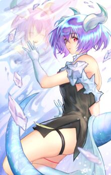  1girl another_eden bare_shoulders black_dress breasts closed_eyes colored_skin commentary_request cowboy_shot crossed_bangs different_reflection dragon_girl dragon_horns dragon_tail dress eva_(another_eden) hair_between_eyes hanada_nadako horns looking_at_viewer medium_breasts off-shoulder_dress off_shoulder open_mouth purple_hair red_eyes reflection short_dress short_hair side_slit skindentation skirt sleeveless sleeveless_dress smile solo tail thigh_strap white_skirt 