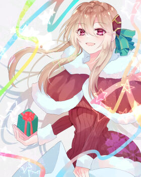  1girl blonde_hair box floating_hair gift gift_box hat heaven_burns_red highres holding holding_gift long_hair looking_at_viewer open_mouth red_eyes rin_0101010 santa_hat shirakawa_yuina white_fur 