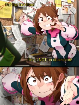  2girls 2koma asui_tsuyu black_hair blurry blurry_foreground blush bodysuit boku_no_hero_academia breasts brown_eyes brown_hair closed_mouth comic embarrassed english_text highres implied_after_fingering it's_always_sunny_in_philadelphia khyle. long_hair medium_breasts meme multicolored_bodysuit multiple_girls paper pepe_silvia_(meme) photo_(object) short_hair subtitled toga_himiko two-tone_bodysuit uraraka_ochako yuri  rating:Questionable score:19 user:doopaboop