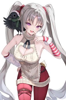  1girl animal animal_on_shoulder arm_warmers bare_shoulders bird bird_on_shoulder black_bird blush breasts cleavage cleavage_cutout clothing_cutout commentary_request deer_tail fake_tail finger_to_mouth fur_arm_warmers grey_hair hair_between_eyes halterneck hand_on_own_hip hand_up head_tilt highres large_breasts laru_(snowish)_(stella_sora) laru_(stella_sora) lnji_(rnlwls34) long_hair looking_at_viewer official_alternate_costume open_mouth panties panties_over_pantyhose panty_straps pantyhose parted_bangs purple_eyes red_pantyhose sidelocks simple_background sleeveless sleeveless_sweater smile solo standing stella_sora striped_arm_warmers sweater tail thigh_strap thighs turtleneck turtleneck_sweater twintails underwear very_long_hair white_background white_sweater 