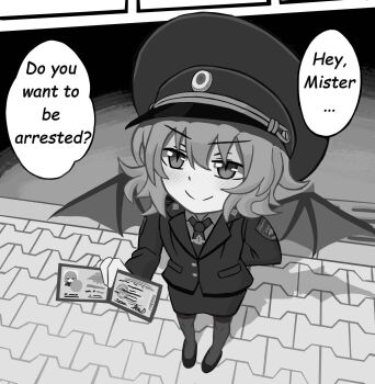  1girl bat_wings blush comic_sans commentary duhota english_commentary english_text fumo_(doll) hat highres holding meme monochrome necktie outdoors pantyhose police police_badge police_hat police_of_russia police_uniform policewoman remilia_scarlet shirt solo speech_bubble touhou wings  rating:General score:18 user:danbooru