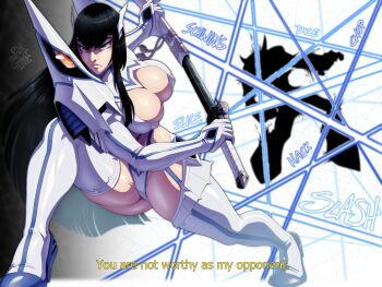  1girl 2023 absurdres bakuzan black_hair blue_eyes breasts commentary english_commentary english_text highres holding holding_sword holding_weapon junketsu kill_la_kill kiryuuin_satsuki large_breasts life_fiber long_hair pltnm_ghost slicing sword thick_eyebrows weapon 