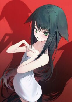  1girl arched_back bare_arms bare_shoulders blurry commentary cowboy_shot dress flat_chest from_above green_eyes green_hair grin hair_flaps hands_on_own_chest highres light_blush long_hair looking_ahead narrow_waist neck_ribbon own_hands_together paraffin red_background ribbon saya_(saya_no_uta) saya_no_uta shadow short_dress sidelocks simple_background sleeveless sleeveless_dress smile solo spaghetti_strap standing strap_slip twisted_torso very_long_hair white_dress white_ribbon 