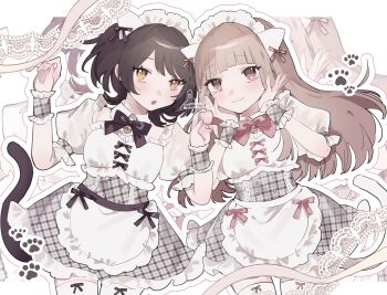  2girls animal_ears apron bell black_tail blunt_bangs bow bow_legwear bowtie breasts brown_eyes brown_hair cat_ears cat_tail choppy_bangs collared_shirt commentary_request commission dress fake_animal_ears floating_hair food frilled_headwear frilled_skirt frilled_wrist_cuffs frills hand_up hands_on_own_face hands_up highres hime_cut holding holding_food holding_macaron lace long_hair long_sidelocks looking_at_viewer maid maid_headdress medium_breasts medium_hair mole mole_under_eye mole_under_mouth multicolored_dress multiple_girls najimaru neck_bell open_mouth original outline paw_print pink_bow plaid_clothes plaid_skirt puffy_short_sleeves puffy_sleeves shirt short_sleeves sidelocks skeb_commission skirt smile tail thighhighs waist_apron watermark white_apron white_bow white_dress white_tail white_thighhighs wrist_cuffs yellow_eyes zoom_layer 