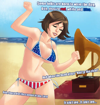 1girl american_flag_bikini american_flag_print beach bikini bioshock bioshock_(series) bioshock_infinite blue_bikini breasts brown_hair cleavage closed_eyes cloud collarbone creedence_clearwater_revival dancing elizabeth_(bioshock_infinite) english_text flag_print flag_print_bikini greenmarine grin medium_breasts nipples ocean phonograph print_bikini sand short_hair side-tie_bikini_bottom sky smile star_(symbol) star_print striped_bikini striped_clothes sun swimsuit teeth underboob water