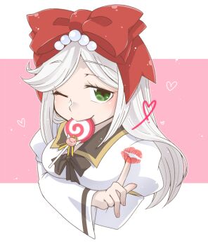  1girl angeling arms_under_breasts blush bow breasts candy closed_mouth commentary_request food game_master_(ragnarok_online) green_eyes hair_bow heart iyofika lollipop lollipop_in_mouth long_hair long_sleeves looking_at_viewer medium_breasts one_eye_closed pink_hair ragnarok_online red_bow smile solo swept_bangs swirl_lollipop two-tone_background upper_body white_background white_hair 