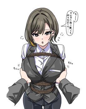  1girl :o arms_behind_back bb-182 bdsm black_eyes black_hair black_pants black_shirt black_vest blonde_hair blush bondage bound breasts buttons commentary_request dot_nose earrings grabbing_another's_breast groping hair_intakes highres huge_breasts jewelry legs_together looking_at_viewer multicolored_hair open_mouth original pants restrained rope shibari shirt short_hair simple_background solo_focus thigh_gap translation_request two-tone_hair vest white_background white_shirt 