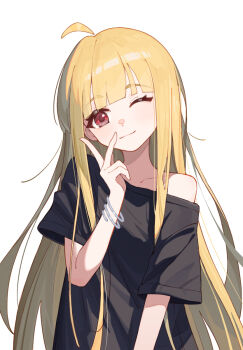  1girl ahoge black_shirt blonde_hair blush bracelet cho_kaguya-hime! closed_mouth commentary_request detached_ahoge heanna highres jewelry kaguya_(cho_kaguya-hime!) long_hair looking_at_viewer one_eye_closed red_eyes shirt sidelocks simple_background single_off_shoulder solo v white_background 