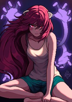  1girl absurdres bare_legs barefoot blush breasts closed_mouth collarbone elfen_lied green_shorts highres horns indian_style long_hair looking_at_viewer lucy_(elfen_lied) medium_breasts pink_hair red_eyes red_hair short_shorts shorts sitting solo tank_top white_tank_top yumykon 