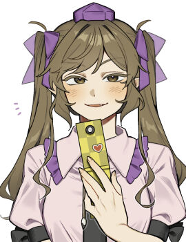  1girl black_necktie blush camera_phone cellphone collared_shirt commentary_request fang flip_phone frilled_shirt_collar frills hat himekaidou_hatate holding holding_phone looking_at_viewer necktie open_mouth phone pink_shirt pointy_ears puffy_short_sleeves puffy_sleeves purple_hat sakic43899 shirt short_sleeves simple_background smile solo tokin_hat touhou twintails white_background 