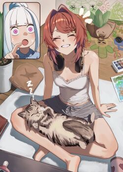  2girls :3 :o ^_^ ahoge ange_katrina ange_katrina_(loungewear) animal animal_on_lap arm_support bare_arms bare_legs bare_shoulders barefoot blue_hair blush breasts camisole cat cat_on_lap child's_drawing closed_eyes clueless commentary_request crayon creature cushion doidamon drawing_(action) facing_viewer front-tie_shorts full_body grey_cat grey_shorts grin hair_bun hair_intakes hair_ornament hairclip headphones headphones_around_neck highres holding holding_crayon indian_style indoors lize_helesta mandragora mandragora_(ange_katrina) medium_hair midriff_peek multicolored_hair multiple_girls nijisanji nose_bubble on_lap pointing purple_eyes red_hair shorts single_hair_bun sitting sleeping_animal small_breasts smile streaked_hair sweatdrop two-tone_hair virtual_youtuber white_camisole white_hair wide-eyed wooden_floor zzz 