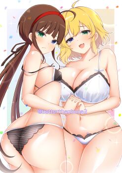  absurdres ahoge alternate_costume artist_name ass asymmetrical_docking betterthanbone2 black_bra black_panties black_ribbon blonde_hair blue_eyes blunt_bangs blush bra breast_press breasts brown_hair cleavage commentary_request confetti from_below frown green_eyes hairband heterochromia highres holding_hands interlocked_fingers large_breasts long_hair looking_at_viewer low_twintails off_shoulder open_mouth panties red_hairband ribbon ryoubi_(senran_kagura) ryouna_(senran_kagura) senran_kagura senran_kagura_shinovi_versus siblings sidelocks sisters small_breasts twintails underwear underwear_only white_bra white_panties 