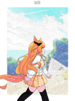  1girl animal_ears belt blush bow breasts brown_ribbon cherry_necklace commentary dress ear_bow ear_ribbon food-themed_necklace hair_between_eyes highres horse_ears horse_girl horse_tail jewelry long_hair long_sleeves mayano_top_gun_(casual)_(umamusume) mayano_top_gun_(umamusume) necklace open_mouth orange_eyes orange_hair orange_tail plaid_clothes plaid_dress ribbon ryuudachi shirt skirt solo symbol-only_commentary tail two_side_up umamusume vest white_belt yellow_skirt yellow_vest 