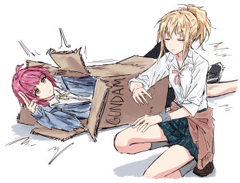  2girls ahoge black_shoes blonde_hair blue_jacket blue_skirt blunt_bangs box brown_shoes brown_sweater cardboard_box cardboard_box_gundam closed_eyes closed_mouth clothes_around_waist collared_shirt commentary grey_socks gundam hand_up highres hood hooded_jacket jacket long_sleeves love_live! love_live!_nijigasaki_high_school_idol_club lying miniskirt miyashita_ai motion_lines multiple_girls neck_ribbon nijigasaki_school_uniform on_side pink_hair pink_ribbon plaid_clothes plaid_skirt pleated_skirt ponytail ribbon salute school_uniform shirt shoes short_hair sidelocks simple_background skirt sleeves_rolled_up sliding socks squatting summer_uniform sweater sweater_around_waist tennoji_rina two-finger_salute v-shaped_eyebrows white_background white_shirt wristband yellow_eyes yellow_ribbon yukitake_(bullfalk) 