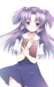  1girl :o blue_hair blue_skirt blush book breasts buttons clannad commentary_request cowboy_shot crossed_arms double-breasted dutch_angle floating_hair hair_bobbles hair_ornament hands_up high-waist_skirt highres hikarizaka_private_high_school_uniform holding holding_book ichinose_kotomi large_breasts long_hair looking_at_viewer open_mouth parted_bangs purple_eyes sailor_collar school_uniform serafuku shirt short_sleeves sidelocks simple_background skirt solo straight_hair sukonbu385 summer_uniform suspender_skirt suspenders two_side_up watermark white_background white_sailor_collar white_shirt 