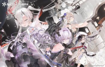  4girls 909_(reverseblue) armband artist_request asymmetrical_horns backless_dress backless_outfit black_bow black_choker black_dress black_hair black_shirt blonde_hair blue_flower blue_rose bow character_request choker collared_shirt commentary_request copyright_logo dress flower grey_eyes grey_hair gun hair_bow hair_flower hair_intakes hair_ornament hairband halo handgun hat heterochromia highres holding holding_gun holding_sword holding_weapon horns jacket katana logo long_hair military_hat military_jacket military_uniform minus_(reverseblue) multiple_girls murasaki_(reverseblue) official_art open_mouth peaked_cap purple_hair purple_hairband red_armband red_eyes red_halo reverseblue_x_re-birthend rose sailor_collar shirt short_sleeves sword twintails two-handed weapon white_hat white_jacket white_sailor_collar 