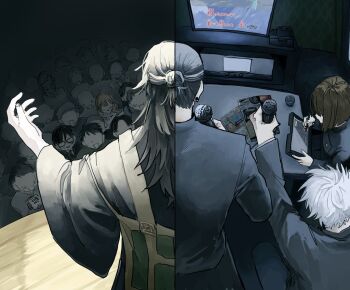  1girl 2boys black_hair black_shirt bob_cut brown_hair dual_persona getou_suguru getou_suguru_(kenjaku) gojou_satoru hair_bun hands_up holding holding_microphone holding_pen ieiri_shoko jujutsu_kaisen messy_hair microphone misorrr_ika multiple_boys outstretched_arm pen people robe shirt short_hair television white_hair 