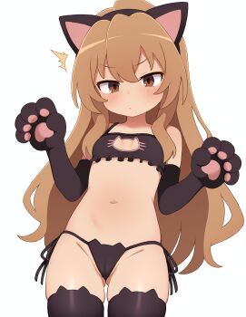  1girl aisaka_taiga animal_ears black_legwear black_thighhighs blush bra brown_eyes brown_hair cat_ears cat_lingerie elbow_gloves fake_animal_ears female_focus flat_chest gloves highres lingerie loli long_hair looking_at_viewer mimochiih navel panties side-tie_panties simple_background solo standing stomach thighhighs thighs toradora! underwear white_background 