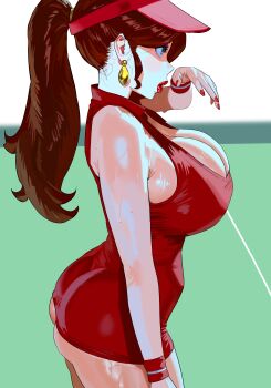  1girl absurdres alternate_breast_size_(larger) alternate_hairstyle ass ass_peek breasts brown_hair cleavage curvy earrings from_side gold_earrings highres hintobento huge_breasts jewelry looking_to_the_side mario_(series) mario_tennis nintendo official_alternate_costume pauline_(mario) ponytail red_lips red_nails solo sportswear tennis_uniform visor_cap wristband 
