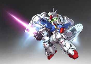  absurdres arm_shield chibi chinese_commentary commentary_request energy_sword full_body glowing glowing_eyes gradient_background green_eyes grey_background gundam gundam_0083 gundam_gp-01_full_vernian_zephyranthes highres holding holding_sword holding_weapon making-of_available mecha mecha_focus mobile_suit no_humans radio_antenna robot science_fiction sd_gundam sword thrusters twisted_torso v-fin weapon zakuma 