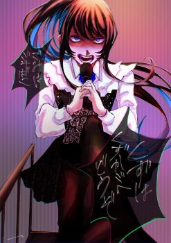  1girl ado_(utaite) black_hair black_pants blue_eyes blue_hair chando_(ado) colored_inner_hair commentary floating_hair highres holding holding_microphone long_hair long_sleeves m67756016 microphone mole mole_under_eye multicolored_hair pants sidelocks solo teeth translated two-tone_hair utaite 