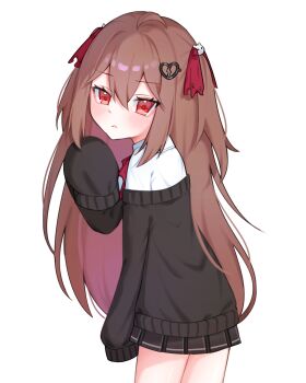  1girl absurdres ahoge black_cardigan black_skirt bow bowtie broken_heart broken_heart_hair_ornament brown_hair cardigan closed_mouth cowboy_shot dress_shirt evil_neuro-sama from_behind hair_between_eyes hashtag-only_commentary heart highres long_hair long_sleeves looking_at_viewer miniskirt neuro-sama off-shoulder_cardigan pleated_skirt red_bow red_bowtie red_eyes red_ribbon ribbon shirt simple_background skirt sleeves_past_fingers sleeves_past_wrists sneili0 solo torn_hair_ribbon vedal_ai virtual_youtuber white_background white_shirt 