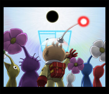 1boy backpack bag black_border black_eyes blue_pikmin blue_skin blue_sky border brown_hair colored_skin commentary_request day eclipse feet_out_of_frame flower from_behind gloves helmet holographic_monitor male_focus naru_(wish_field) nintendo no_mouth olimar outdoors outstretched_arm pikmin_(creature) pikmin_(series) pink_flower pointy_ears pointy_nose purple_hair purple_pikmin purple_skin radio_antenna red_bag red_gloves red_pikmin red_skin short_hair sky space_helmet spacesuit very_short_hair white_flower white_pikmin white_skin yellow_pikmin yellow_skin 
