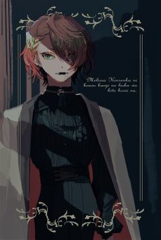  alternate_costume alternate_hairstyle artist_request ascot black_pants black_shirt blonde_hair braid corset earrings expressionless eyeshadow fangs green_eyes green_hair highres jewelry long_hair long_sleeves looking_to_the_side makeup melissa_kinrenka multicolored_hair nijisanji open_mouth orange_hair pants piercing shirt short_hair solo streaked_hair white_hair 